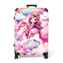  Lightweight suitcase with princess and unicorn design featuring a rainbow and pink clouds. Available in 3 sizes: 62x83 cm, 53x72 cm, 45x61 cm. Ideal for travel with a whimsical, colorful aesthetic.