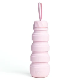 A reusable, collapsible water bottle in a light pink color with a textured, stacked design. The bottle has a pink strap for easy carrying.