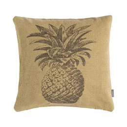 Khaki cushion 45x45cm with pineapple print design, square shape, tropical fruit pattern.