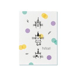 Greeting card with congratulatory text and decorative castle illustrations in black and white with light blue accents.