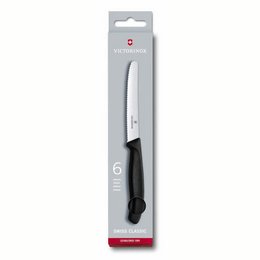  Set of 6 serrated table knives from Victorinox. Stainless steel blades with black handles. Suitable for everyday use.