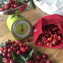 Reusable freezer bag in various vibrant colors including red, raspberry, bubblegum, coral, orange, and more. The bag contains fresh, ripe cherries that appear to be weighed on a vintage-style scale.