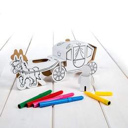 Wooden carriage with horse, coloring supplies for arts and crafts activities.