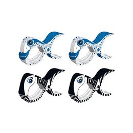 Large beach clips in blue, fish, black, and white colors for securing towels, clothes, and sun loungers. Durable plastic clips with unique fish-shaped design.