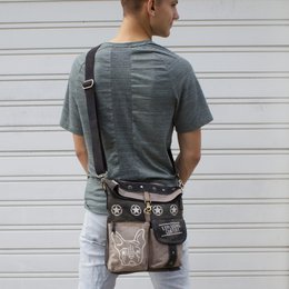 Sunsa dames schoudertas. Handtas gemaakt van canvas en leer. Schoudertas in vintagestijl. Grote crossbodytas voor dames met hondenprint grijs/zwart