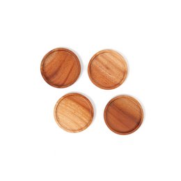 Round wooden coasters, approximately 9 cm in diameter, made of Khaya wood.