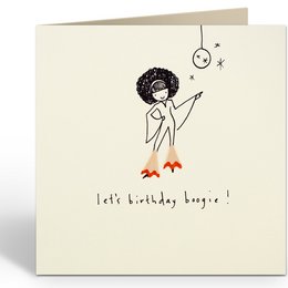 A whimsical birthday card featuring a stylized illustration of a person with a curly hairstyle and red shoes, holding a star-shaped balloon. The text on the card reads "Let's birthday boogie!"