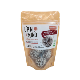 A pack of 5 cranberry and acai energy balls, made with superfood ingredients and packaged in a resealable pouch.