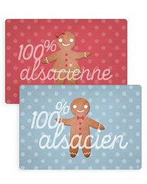 Placemats - 100% Alsacien / 100% Alsacienne. Rectangular placemats with a polka dot pattern and a gingerbread man graphic. The text "100% alsacien" and "100% alsacienne" is displayed.
