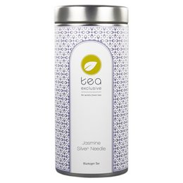 Silver needle jasmine tea, China, 50g can. Delicate, light green tea leaves with a sweet, floral jasmine aroma.