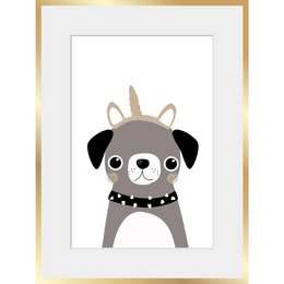 A cute, whimsical illustration of a dog wearing a unicorn-style headband. The dog has a black and white face with large eyes and a collar with studs. This image would be suitable for a kids room or nursery decor.