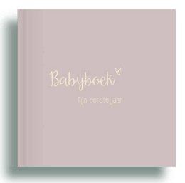 Soft linen cover baby book with delicate text design.