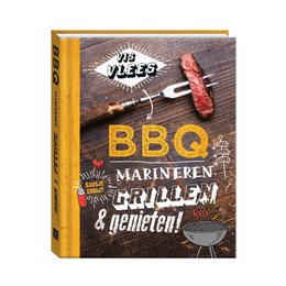 This notebook features a vibrant image of a barbecue grill with tongs and text that reads "BBQ Marineren Grillen & Genießen" (BBQ Marinating, Grilling & Enjoying). The notebook appears to be a journal or logbook for recording barbecue recipes, techniques, and experiences.