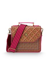  Small cross-body bag in red and gold geometric pattern with adjustable strap.