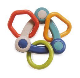 Colorful, textured baby rattle with various geometric shapes and textures. Suitable for sensory development and teething.