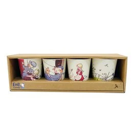 Set of 4 colorful tumblers featuring whimsical illustrations of characters. Tumblers are made of glass and come in a wooden display tray.