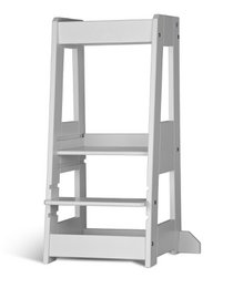Beige wooden learning tower with two steps, designed for children's safety and development.