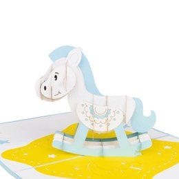 A blue rocking horse pop-up card with a whimsical, cartoon-like design featuring a light blue rocking horse on a yellow background.