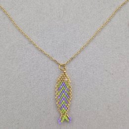 Green lilac Miyuki beaded fish pendant necklace, gold chain, delicate beadwork jewelry.