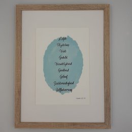 A Christian poster featuring the text "Galatians 5" in a handwritten style against a light blue watercolor background.