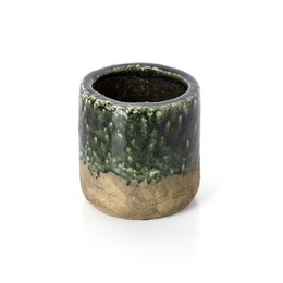  A round, concrete planter in a green speckled finish with a natural tan base. Suitable for indoor or outdoor use to display small plants or greenery.