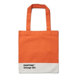 Orange tote bag with Pantone color swatch detail, made of durable material, suitable for shopping or everyday use.