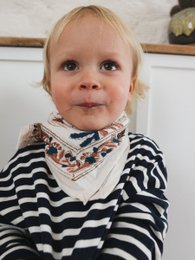  "Striped baby scarf with geometric pattern, navy white stripes, child neck accessory, soft fabric"
