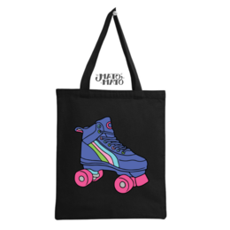 Retro roller skate print tote bag in black and natural colors. Features a colorful retro-style roller skate graphic. Durable canvas material with reinforced handles.