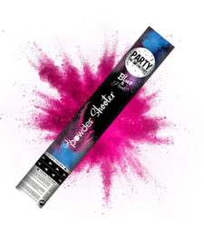 A pink and blue gender reveal powder shooter. The product is designed for gender reveal parties, with a pink powder that can be shot out of the tube.