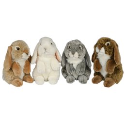 Assorted plush bunnies in brown, gray, white, and beige colors. Soft, cuddly stuffed animal toys.
