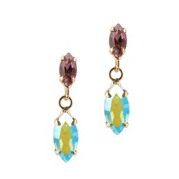 Small hoop earrings with pink and green crystal accents. The earrings feature a round pink crystal stud and a dangling green crystal charm. The earrings have a gold-tone metal finish.