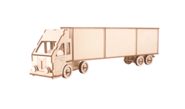 Wooden construction kit truck with trailer, suitable for DIY and crafting. Features a large truck with a detachable trailer, made entirely of wood. Ideal for imaginative play and building skills.