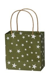  "Green paper bag with white stars pattern, square shape, gift bag with handles"