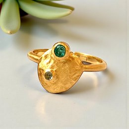  Gold plated sterling silver ring with aqua topaz and aquamarine stones, textured organic shape, adjustable, hypoallergenic