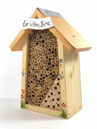  "Wooden bee hotel with natural wood construction, house-shaped design, small size, bee villa with sign text"