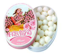 Anis de Flavigny - Anise Pastilles with Rose Flavor. Oval-shaped white pastilles with a delicate rose flavor. Packaged in a decorative tin.