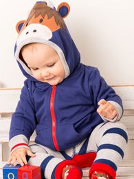 A navy blue hooded sweater with a highland cow design, suitable for babies and toddlers aged 0-6 years.