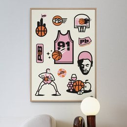 A colorful wall art print featuring various basketball-themed icons and symbols, including a basketball, jersey, hoop, and player silhouette. The print has a retro, vintage-inspired style that would make an eye-catching addition to any basketball fan's decor.