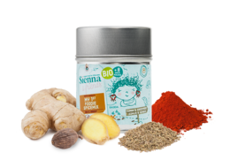 Gourmet spice mix with no added salt or additives, suitable for babies from 8 months. Contains natural ingredients like ginger, paprika, and carrots.
