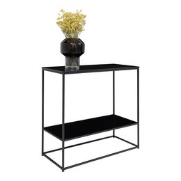 Sleek black metal console table with two shelves, suitable for displaying decor items in an entryway or living room.