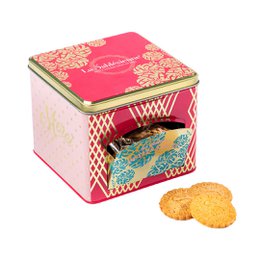 Shortbread cookies with chocolate chips in a decorative metal dispenser box. The box features a red and gold floral design.