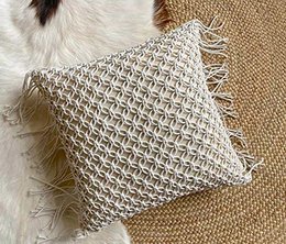  Natural cotton macrame cushion cover, cream beige woven rope texture, square 16x16 inch, boho style with geometric pattern.