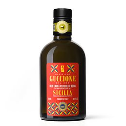 Premium extra virgin olive oil from Sicily, with a bold, peppery flavor and vibrant red and gold packaging.