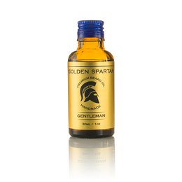  Golden Sparta premium beard oil in amber glass bottle with blue cap. Nourishing and conditioning formula for healthy beard growth.