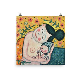 A vibrant poster depicting a mother and child in an artistic, abstract style. The poster features warm colors, floral patterns, and a serene, loving embrace between the mother and child.
