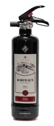 Black fire extinguisher with Bordeaux design. Cylindrical shape, metal construction, red handle.