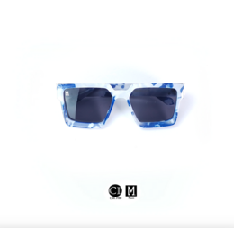 Rectangular blue and white sunglasses with a modern, stylish design.
