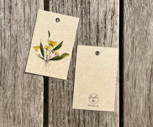 5 x gift tags | Yellow flowers |  5 Set on grass paper | 85 x 55 mm