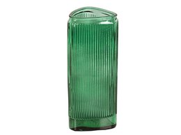 Tall, cylindrical green glass vase with vertical ribbed texture. Suitable for displaying flowers or plants.