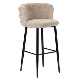  Cream-colored upholstered bar stool with black metal legs. Rounded, cushioned seat and backrest provide comfortable seating for a bar or counter.